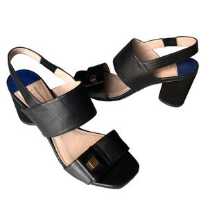 Stuart Weitzman Black Leather Slingback Round Suede Heel Sandal Size 7.5